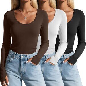 Comfortable 3 Pack Women's Long Sleeve Undershirts - Thumb Hole Scoop Neck Style